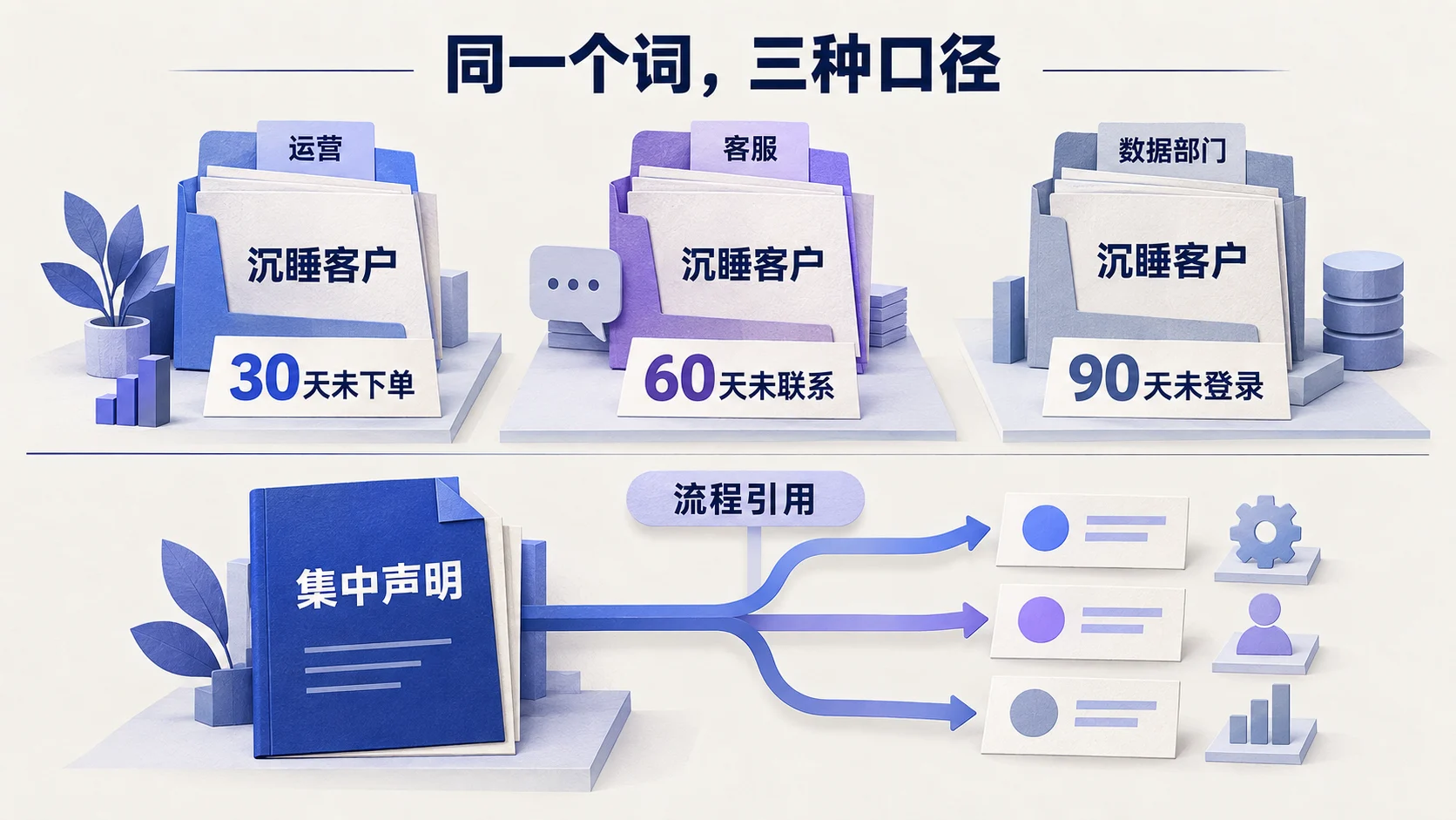 运营、客服和数据部门对沉睡客户的三种口径,以及集中声明后的流程引用